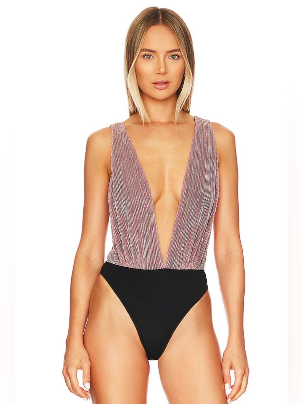 NEW superdown Shimmery Pink Metallic Plunge Thong Bodysuit w Black Accents Large